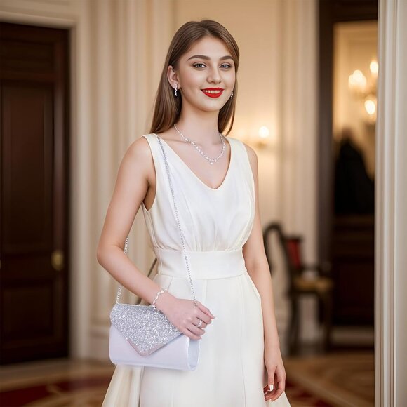 Elegant Silver Rhinestone Wedding Jewelry Set with Clutch & Evening Bag for Brid - Picture 7 of 7